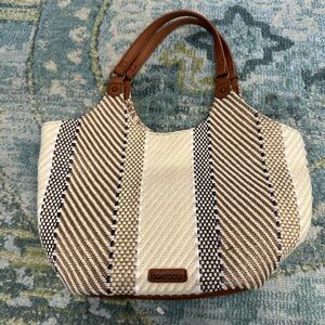 Sakroots NWOT tags small tote bag. Tan, navy blue